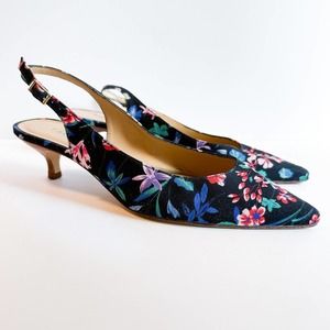 Talbots Floral Fabric Slingback Leather Sole Pointed Toe Kitten Heel Size 8